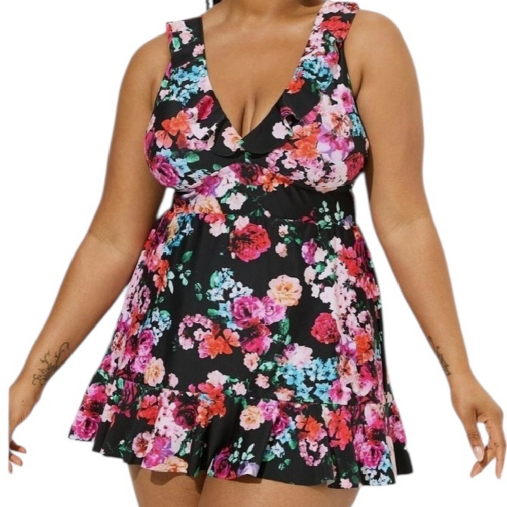 torrid Black with Pink Floral Ruffle Trim One Piece Swim Dress 4X NWT